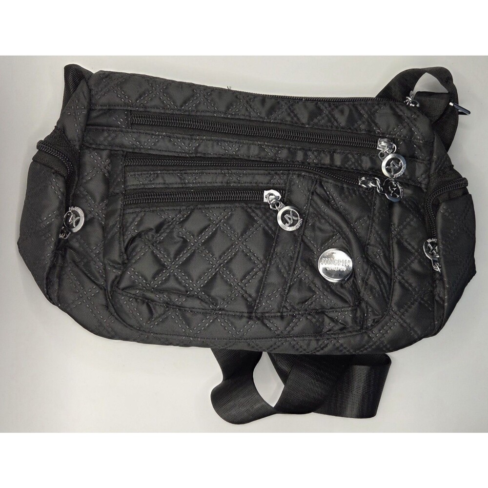 Jingpin Black Quilted Nylon Canvas Multi-Pocket Crossbody Shoulder Travel Bag